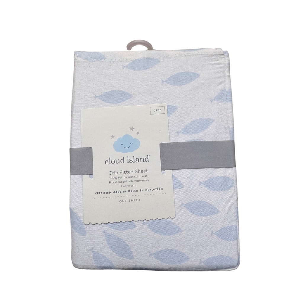 Cloud Island Crib Fitted Sheet 100%‎ Cotton Blue Fish Print White New NIP